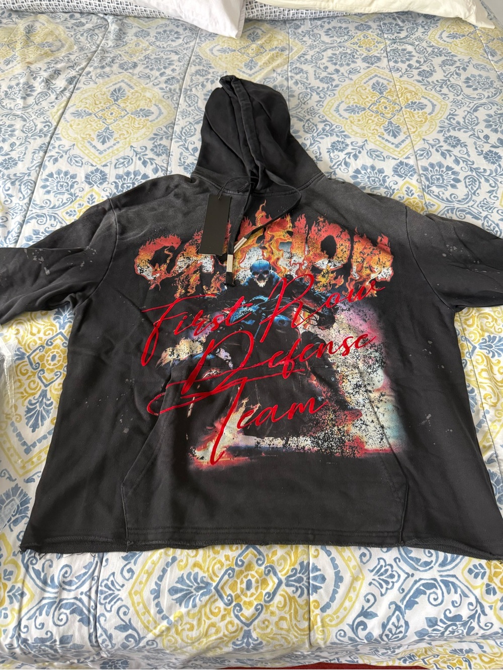 FIRST ROW Graphic Pullover Hoodie - Black with Red/Orange Print